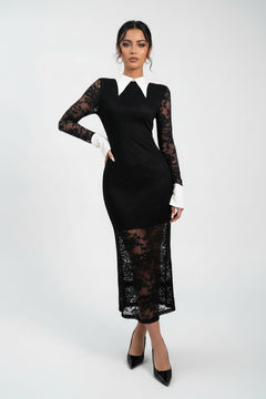 Black lace midi dress with white pointed collar and sheer sleeves, straight fitted skirt