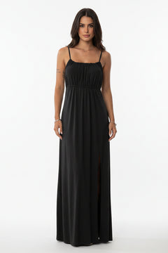 Black maxi dress with spaghetti straps, gathered bodice, side slit skirt