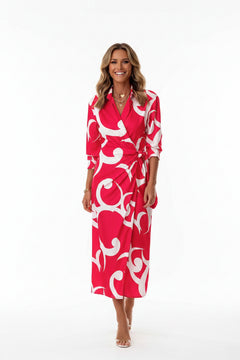 Red printed collared shirt dress with waist tie and three-quarter sleeves.