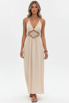 Backless halter maxi dress in light beige with crochet waist and V-neck front