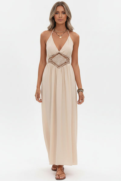 Backless halter maxi dress in light beige with crochet waist and V-neck front