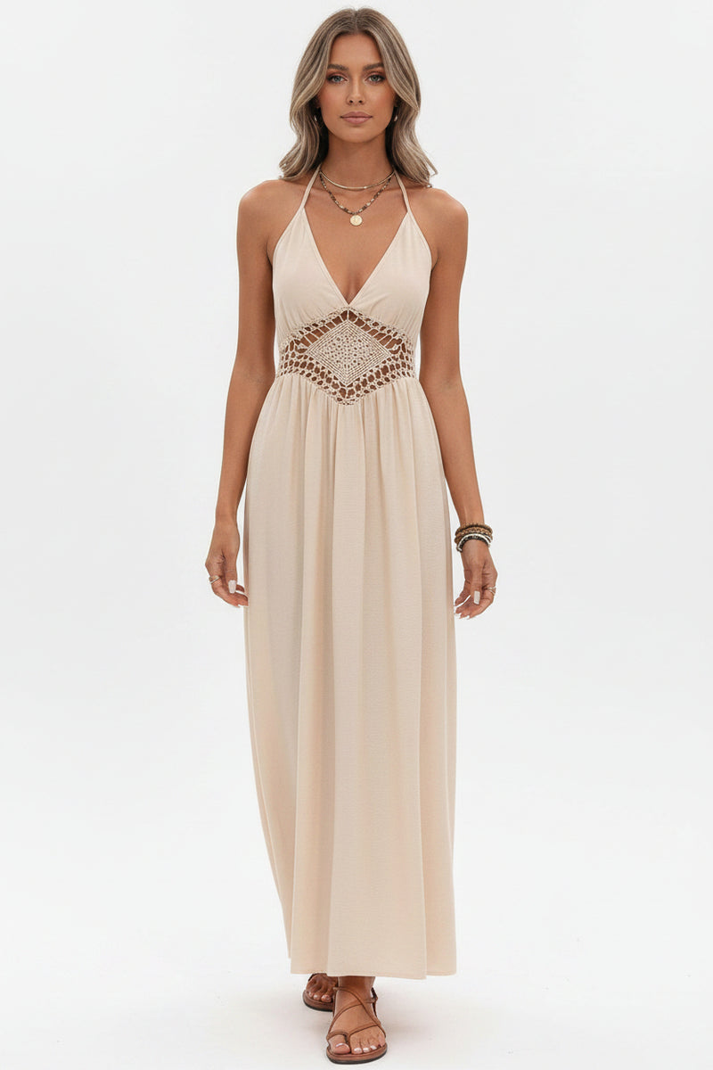 Backless halter maxi dress in light beige with crochet waist and V-neck front
