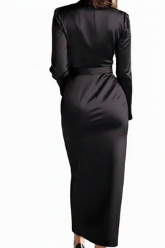 Black satin tie-waist long-sleeve midi dress, back view