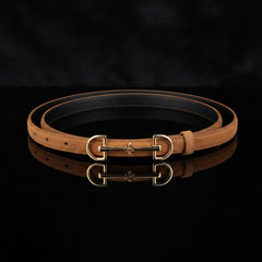 Leather double-bar belt in tan brown with gold-tone double buckle