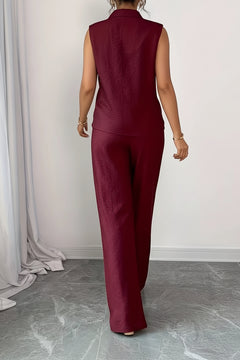 Burgundy sleeveless top and wide-leg pants set, back view