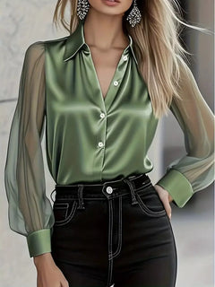 Green satin button-up blouse with pointed collar and front button placket