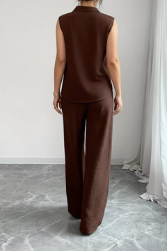 Chocolate sleeveless top and wide-leg pants set, back view