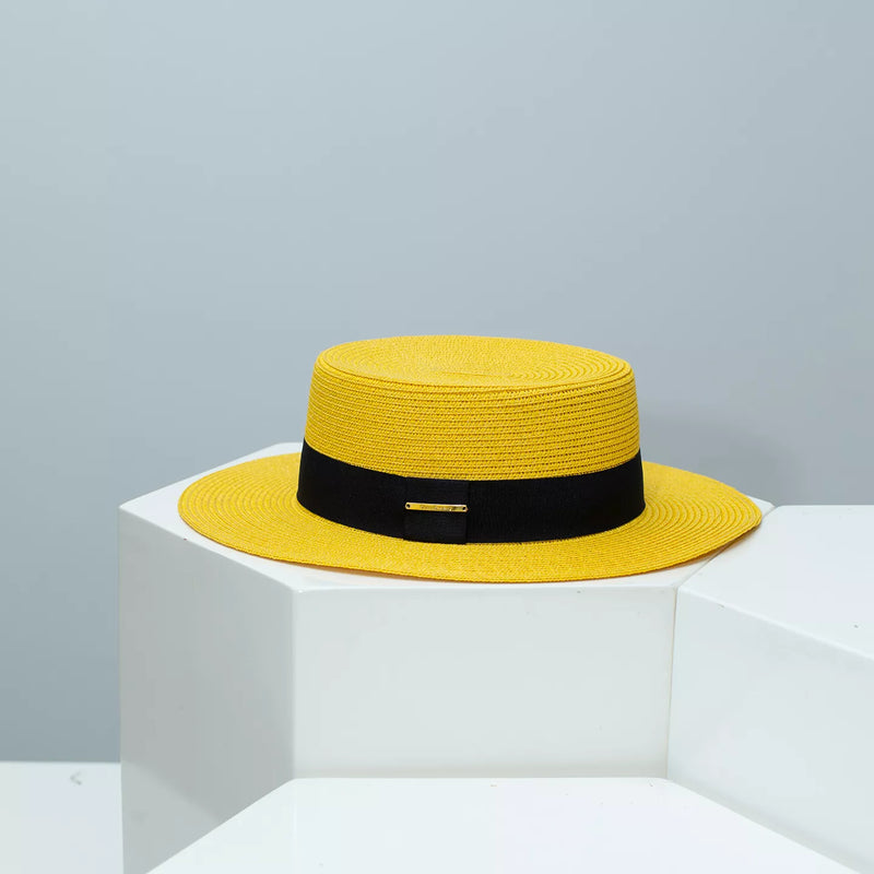 Boater straw hat with band, yellow straw and black band
