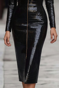Black crocodile-embossed bodycon midi dress with front zipper and fitted pencil shape