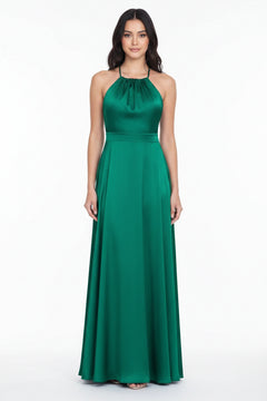 Green halter neck maxi dress with ruched halter neckline and flowing long skirt