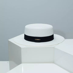 Boater straw hat with band, white straw with black band