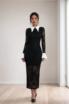Black lace long-sleeve midi dress with white collar tips and fitted sheer lace panels