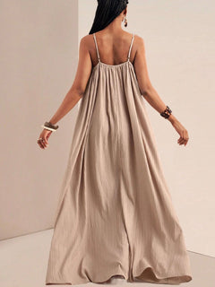 Khaki spaghetti-strap maxi dress, open-back view with gathered bodice