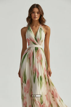 Floral halter maxi dress with draped V neckline and cinched waist, cream base