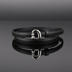 Black skinny leather belt, silver buckle with two bead accents and stitched strap