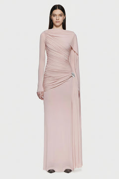 Pink ruched draped long-sleeve maxi dress with diagonal gathered detail