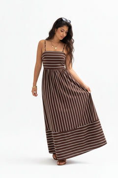 Brown striped spaghetti-strap maxi dress with vertical pinstripes and hem stripe border