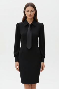Black tie-neck long-sleeve sheath dress with neck tie, pointed collar, and waist seam