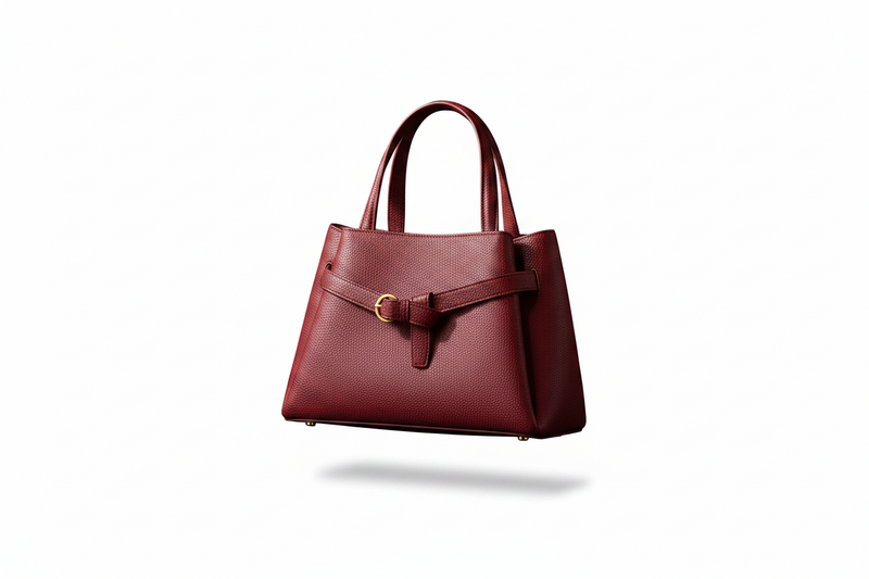Burgundy leather top-handle handbag with front buckle strap, structured shape