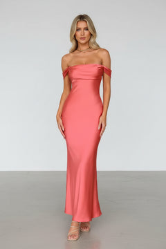 Watermelon pink off-shoulder satin maxi dress, draped neckline, fitted column