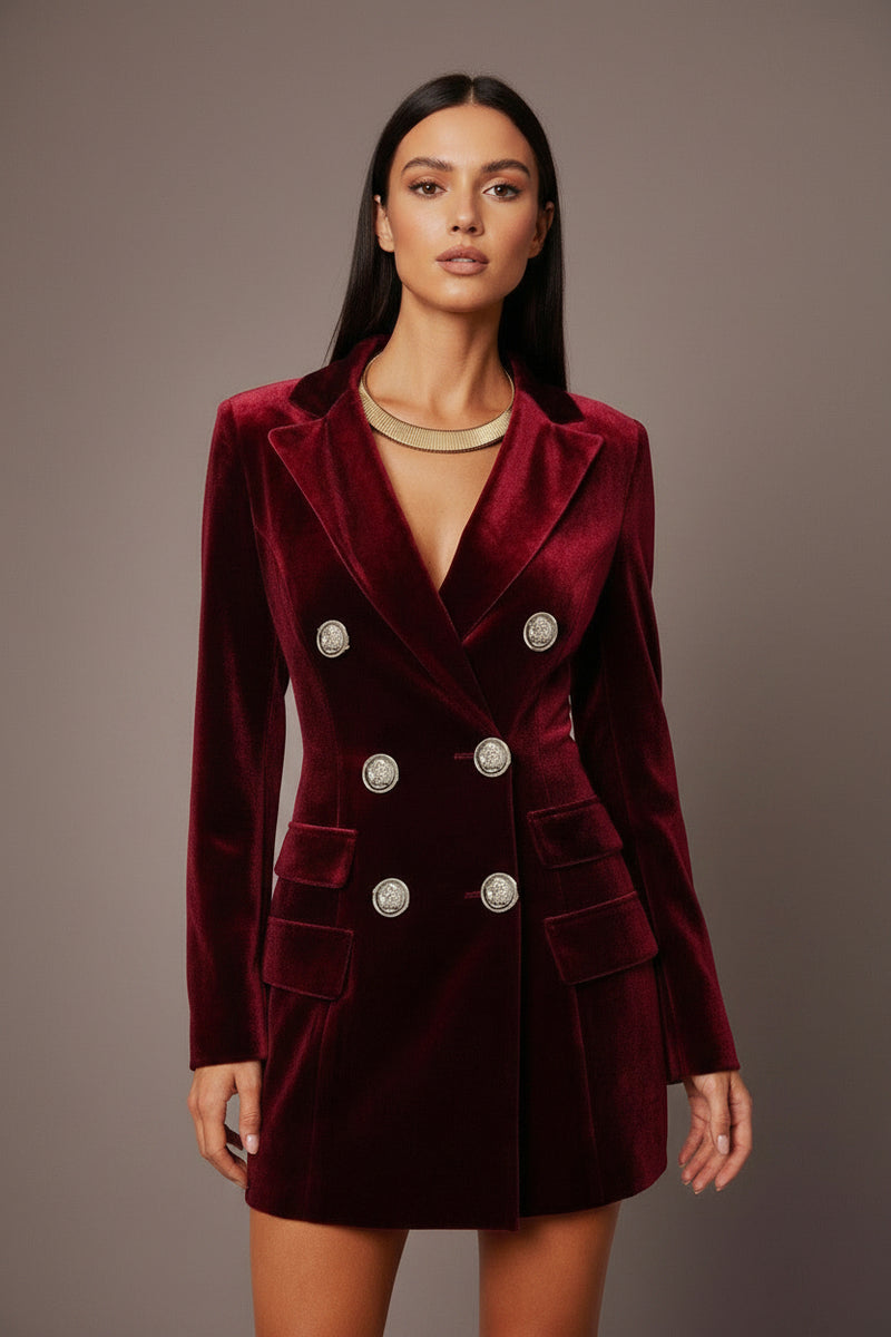 Wine red velvet double-breasted blazer dress, gold buttons, long sleeves, mini length
