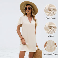 Cream satin mini dress with V-neck and flutter sleeves, waist back tie