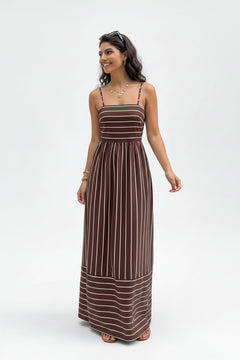 Brown striped maxi dress with spaghetti straps, sleeveless bodice and gathered skirt waist