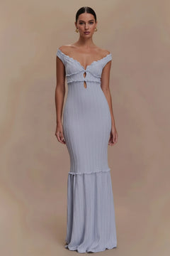 Lavender off-shoulder knit maxi dress with frilled neckline and fitted mermaid silhouette