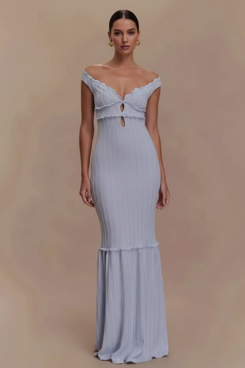 Lavender off-shoulder knit maxi dress with frilled neckline and fitted mermaid silhouette