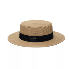 Boater straw hat with band, tan straw with black band