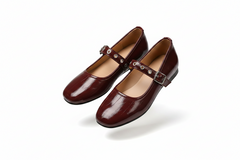 Wine red Mary Jane loafers with low heel and buckle strap