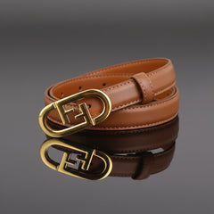 Caramel leather belt with gold-tone oval buckle and visible strap stitching