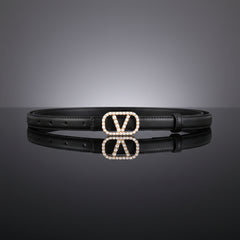 Black leather belt with pearl-studded double-oval monogram buckle and stitched strap