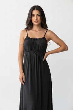 Spaghetti-strap maxi dress, ruched bust and gathered waist, dark color