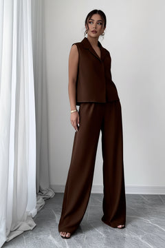 Chocolate sleeveless collared V-neck top with wide-leg pants, full body
