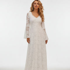 White lace V-neck floor-length dress with fitted bodice and bell sleeves