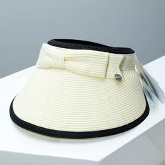 Ivory straw sun visor hat with black-edged bow band and button accent