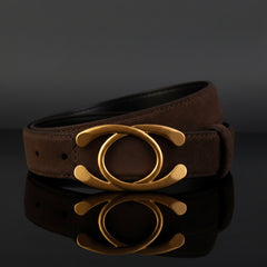 Brown leather statement buckle belt with gold-tone circular ring centerpiece