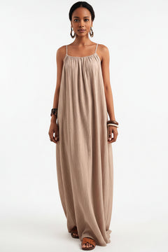 Khaki spaghetti-strap maxi dress with ruffled bodice and flowing pleats