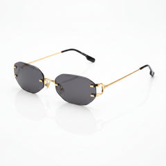 Oval rimless sunglasses with gold frame, dark lenses and black temple tips.