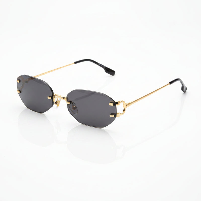 Oval rimless sunglasses with gold frame, dark lenses and black temple tips.