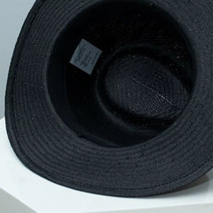 Black straw wide brim hat interior, ribbed brim edge and size label