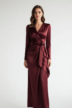 Burgundy satin wrap V-neck long-sleeve dress with tied waist sash, midi length