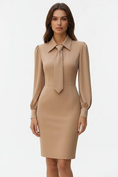 Khaki tie-neck long-sleeve sheath dress with bow-tie collar and fitted waist