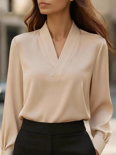 Khaki V-neck long sleeve satin blouse with wrap-style front and gathered cuffs