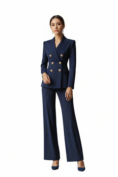 Pinstripe double-breasted blazer with gold buttons and wide-leg pants set