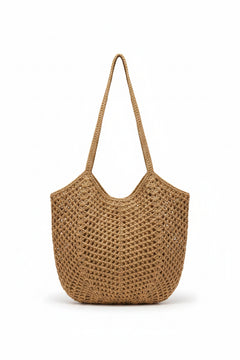 Woven straw hobo bag in khaki, open tote silhouette with two woven top handles