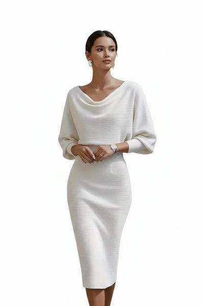 White cowl-neck knit bodycon midi dress with draped neckline