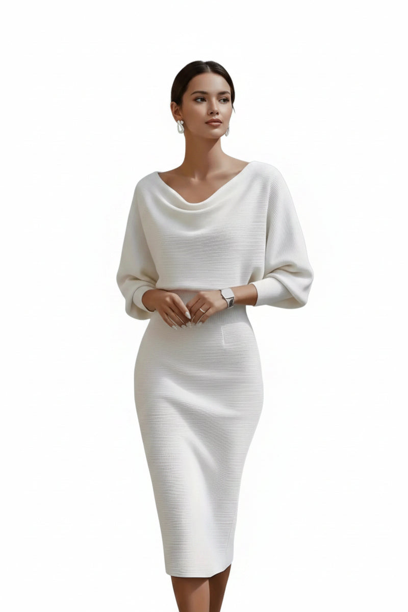White cowl-neck knit bodycon midi dress with draped neckline