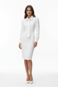 White tie-neck long-sleeve sheath dress with neck tie and fitted knee-length silhouette
